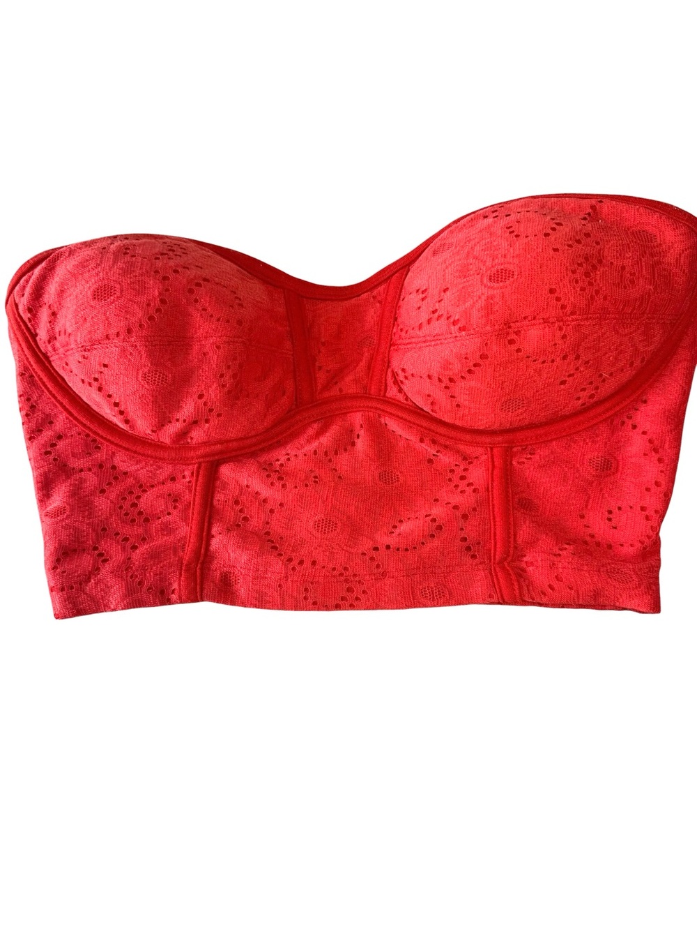 Vintage Y2K 2b Bebe RedOrange Sweetheart Neck Eyelet Lace Longline Bustier Crop